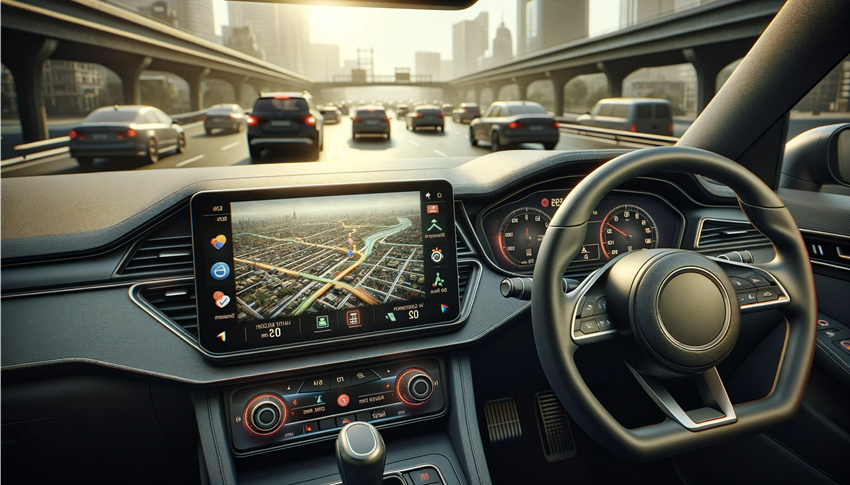 DALL·E 2023-10-30 16.30.16 - Realistic photo of a cars dashboard with the steering wheel on the right side. The infotainment system is actively running Google Maps, detailing a p